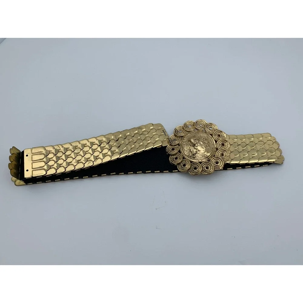 Vintage Gold‎ Tone Metal Scale Belt Medallion Buckle Statement Waist Cinch Belt